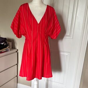 NWT Lumiere RedOrange V-Neck Stripe Dress SZ LG pit2pit 18”+ waist 17” length35”